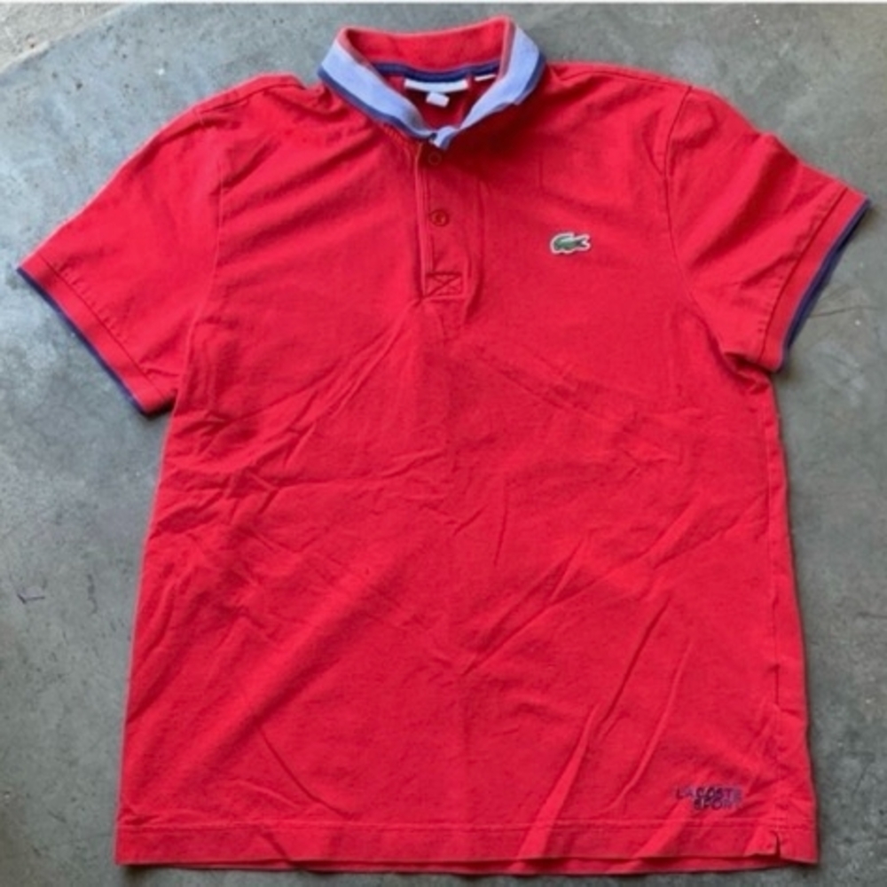 Lacoste Men's Polo Shirt in Red with Blue Accents